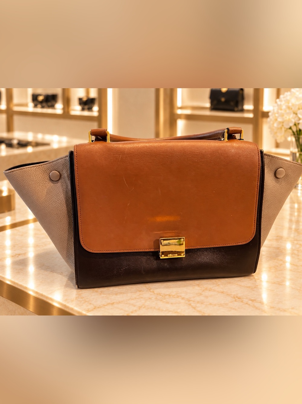 Celine Trapeze Tricolor Leather Shoulder Bag Tan Brown Beige Gold Hardware